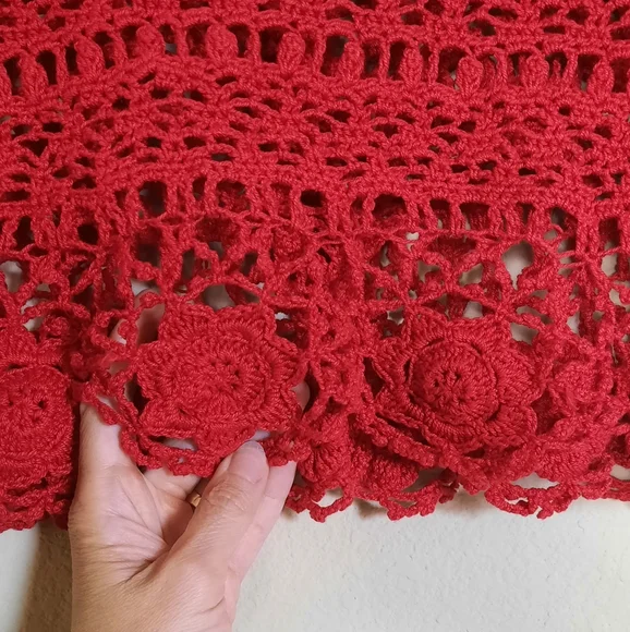 Vintage Red Crochet Blouse Floral Possibly Handmade, No Tags, Button Front - Picture 6 of 6